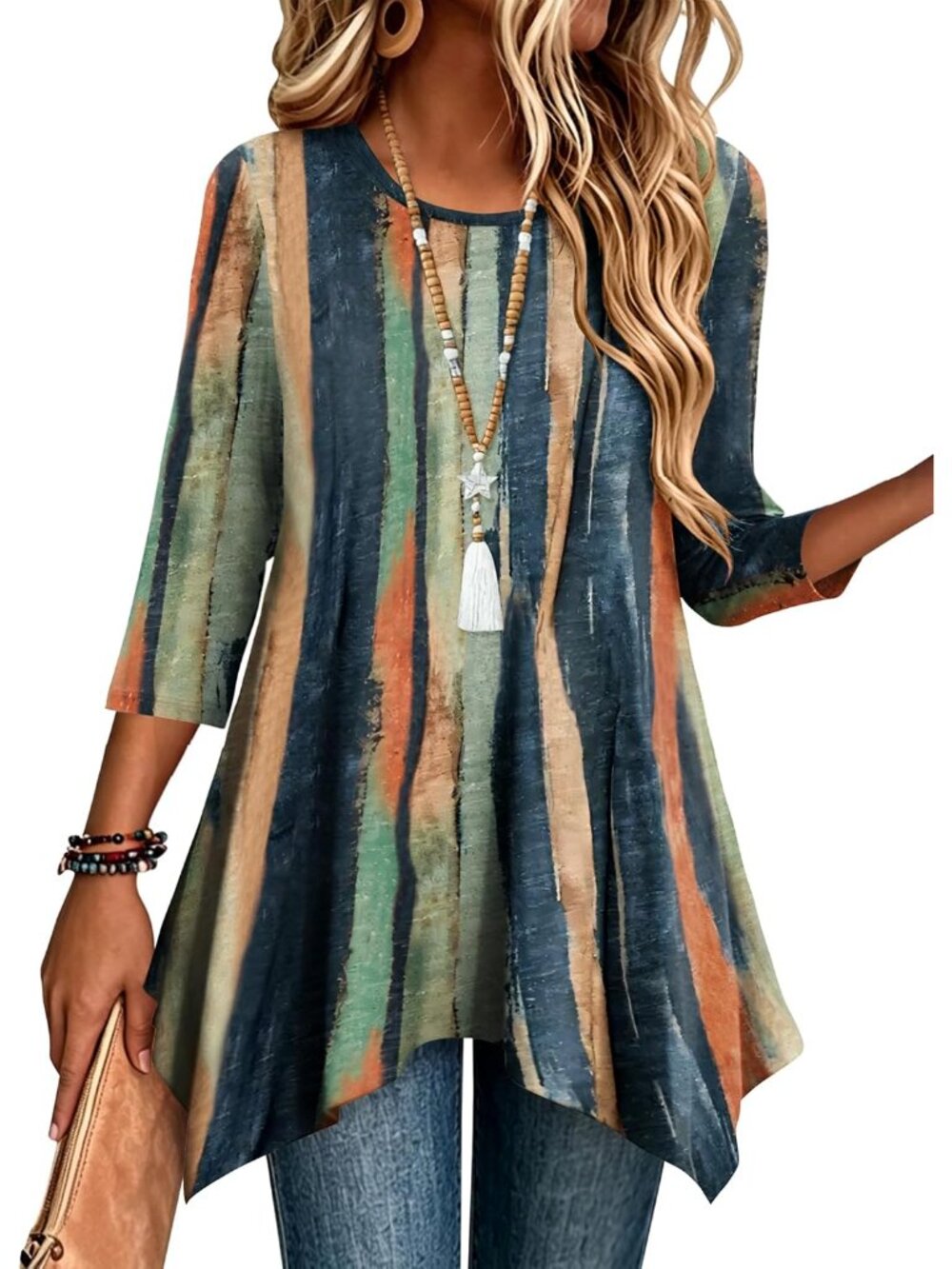 Lightweight 3/4 Sleeve Tunics for Women - Soft Boho Style Plus Size Tops